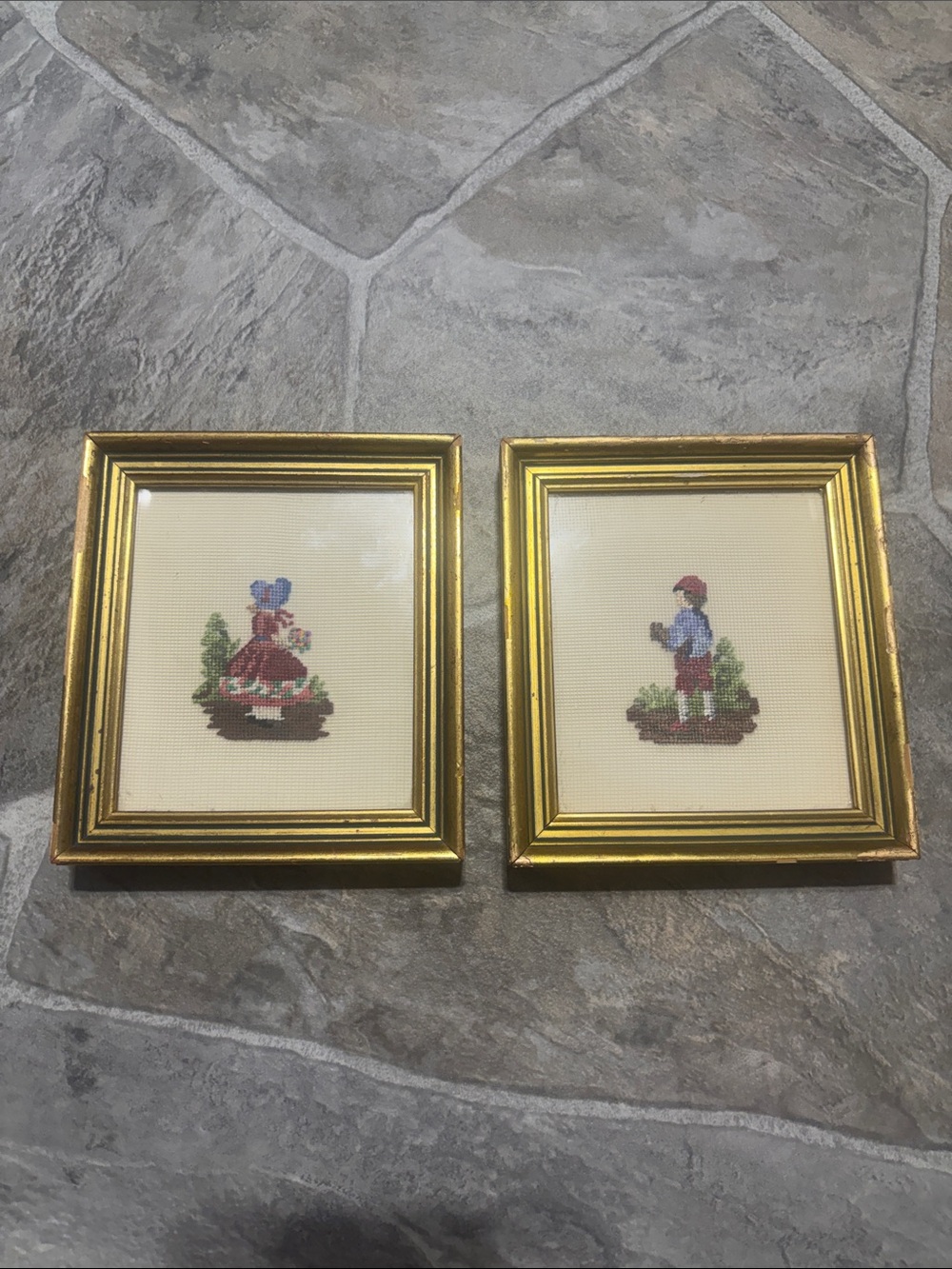 Pair of Dutch couple girl boy needlepoint framed art cottagecore